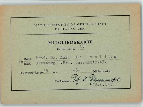Freiburg Teilnehmerkarte Gesllschaft Deutscher Naturforscher 1955