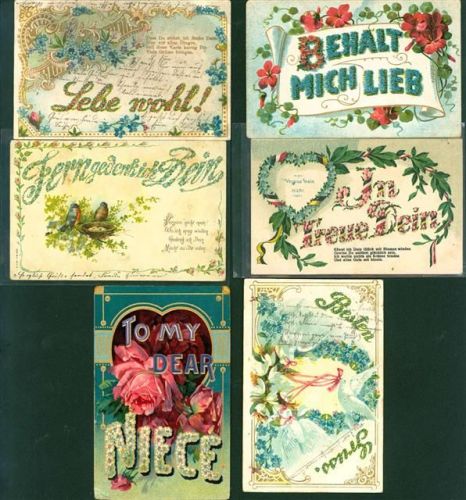 Blumenschrift Lot mit 6 AK, alles Prägedrucke, ca. 1904-1915: überwiegend gute Erhaltung, gelaufen