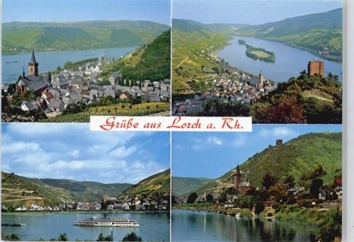 Lorch Fluss Schiff Kirche Gesamtansicht Berg