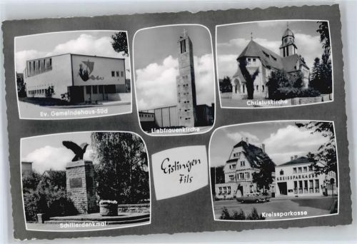 Eislingen Schiller-Denkmal, Kirche, Sparkasse, Evangelisches Gemeindehaus