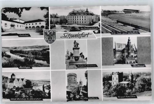 Schweinfurt Sachsbad, Justizgebäude, Sport-Kampfbahn, Rückert-Denkmal, Rathaus, Stadtturm