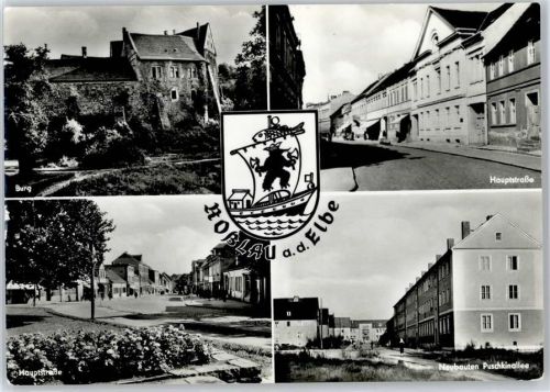 Roßlau Hauptstraßße, Neubauten Puschkinallee, Burg, Wappen