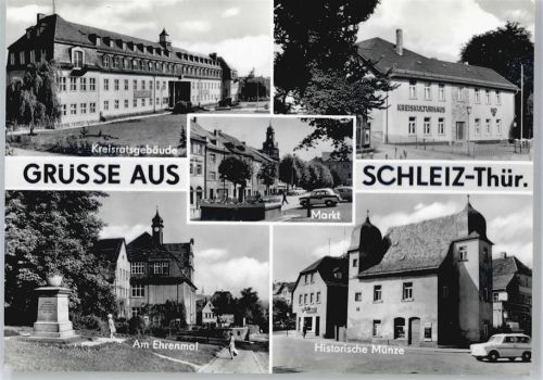 07907 O6550 Schleiz - Kreisratsgebude, Ehrenmal, Historische Münze, Markt