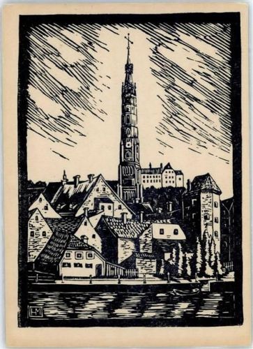 Landshut Blick auf Röcklturm, Martinskirche, nach Original-Linolschnitt