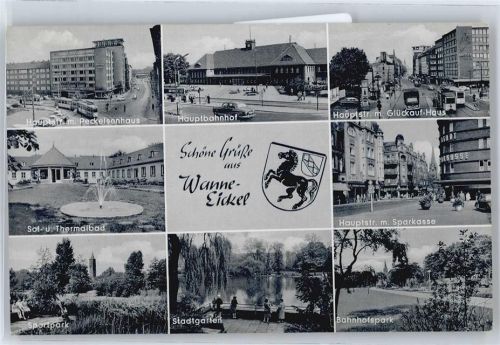 Wanne-Eickel Hauptstraße, Hauptbahnhof, Glückauf-Haus, Sparkasse, Thermalbad, Stadtgarten, Sportpark