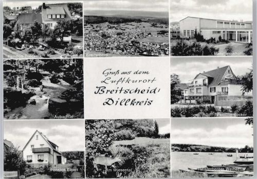 35767 W6349 Breitscheid , Hess - Gesamtansicht, Pension Rutekolk, Pension Eisert, Weiher, Pension Becker, Mehrzweckhalle