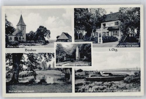 Büchen Kirche, Chirurgische Klinik, Kriegerdenkmal, Mühlenteich, Spannbetonbrücke