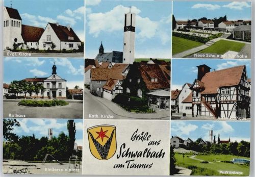 Schwalbach Kirche, Rathaus, Kinderspielplatz, Parkanlage, Schule, Turnhalle