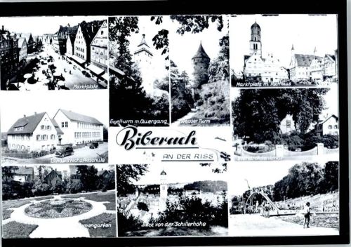 Biberach Marktplatz, Rathaus, Kirche, Gigelturm, Weißer Turm, Bismarck-Denkmal, Schwimmbad, Blick von Schillerhöhe, Landwirtschaftsschule, Blumengarten