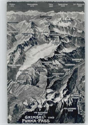 Grimsel und Furka Pass Rhonegletscher Foto AK Photoglob Wehrli 9672 Landkarte