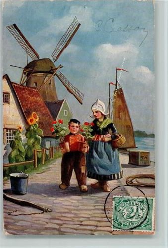 TSN Serie 1075 - Mühle, Holzschuhe , kinder mit Blumentöpfe 1910 AK