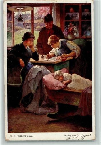 1915 sign Höger - WK I Grüße aus der Heimat - Bauernstube, Babywiege, Tintenfaß, Brief schreiben
