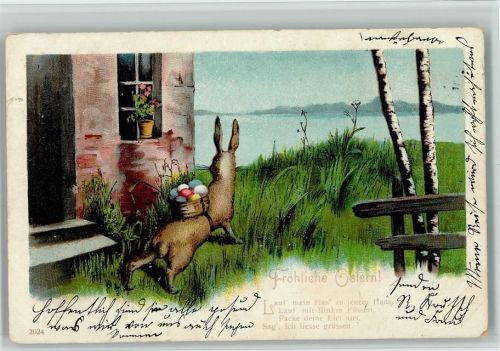 1904 Hase schleicht sich mit einer Kiepe um das Haus AK