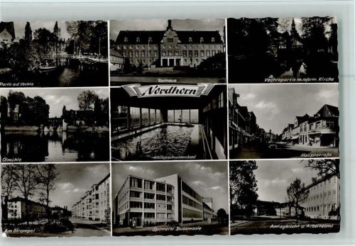 Nordhorn Partie an der Vechte Ölmühle am Strampel Rathaus Hallenschwimmbad Innenaufnahme Spinnerei Bussmaate Vechtepartie mit reform. Kirche Hauptstraße Amtsgericht und Arbeitsamt