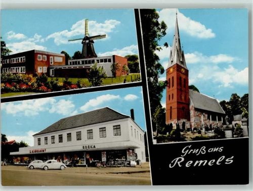 Remels Windmühle Edeka Kirche 3-Bild-Aufnahme