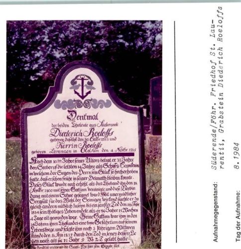 Süderende Friedhof St. Laurentii Grabstein Diedrich Roeloffs Kirchen, Grabsteine, etc. Foto montiert auf Karton