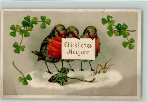 1908 Neujahr - Vögel halten ein Schild AK