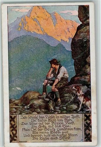 1927 Jäger mit seinem Jagdhund in den Bergen - sign Kutzer