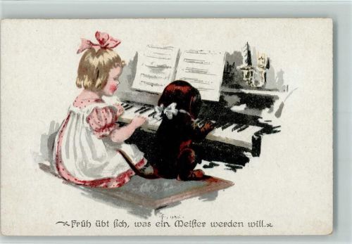 Mädchen mit Dackel spielt Klavier