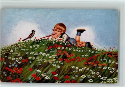 1926 Kind - Flötenspieler und der Vogel AK