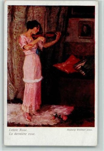 Letzte Rose - Frau mit Geige von Hedwig Wollner - Wiener Kunst 1660 AK