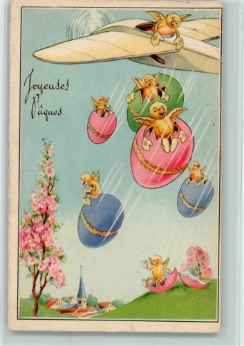 1949 Ostern - Joyeuses Paques, Küken in Ostereiern springen aus dem Flugzeug AK