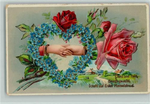 1915 Hände reichen sich, Rosen, Vergissmeinnicht AK