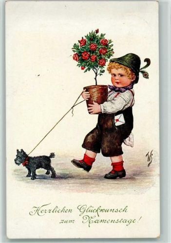 1916 Namenstag - Kind mit einem Brief, Hund und Blumentoopf mit Rosen AK