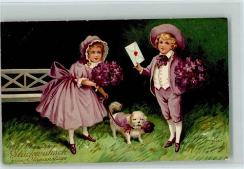 1911 Kinder mit einem Brief, Blumen und Hund AK