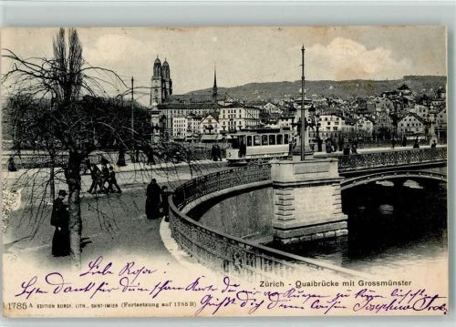 Zürich 1902 Quaibrücke mit Grossmünster Tram