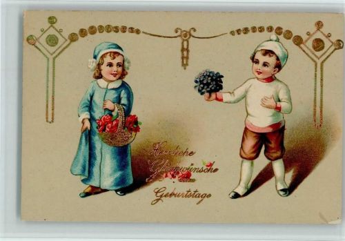 Golddruck - Kinder - Gratulanten mit Blumen AK