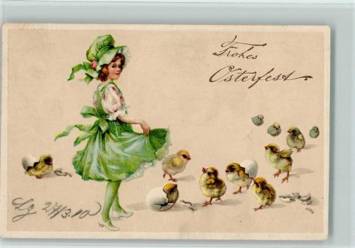 1910 Glamour Mädchen mit Küken und Ostereier AK