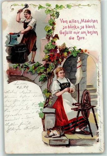 Spinnerin und Schmied AK Schmied 1899 Gebrauchsspuren