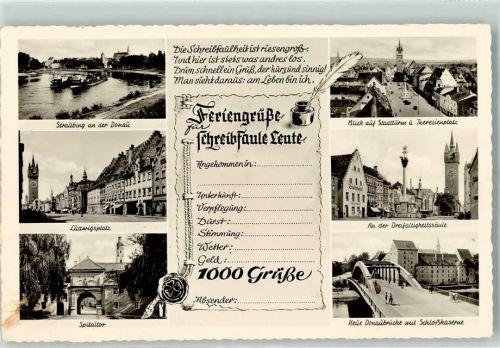 Straubing Frachtschiffe Ludwigsplatz Spitaltor Blick auf Stadtturm und Theresienplatz An der Dreifaltigkeitskirche Neue Donaubrücke mit Schloßkaserne
