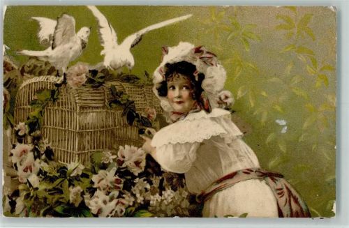 1906 Frau mit weißen Tauben, Taubenkäfig AK