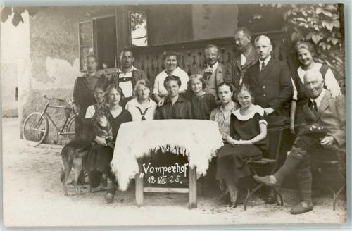 1928 Familienfoto mit Hund u. Fahrrad AK