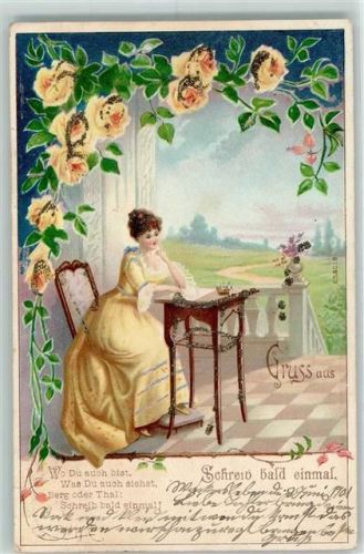 1902 AK mit Glimmerauflage "Schreib bald einmal" Jugendstil Rosen