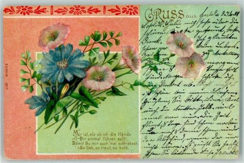 1901 mit Glasperlenauflage Gruss aus Poesie Blumen Litho