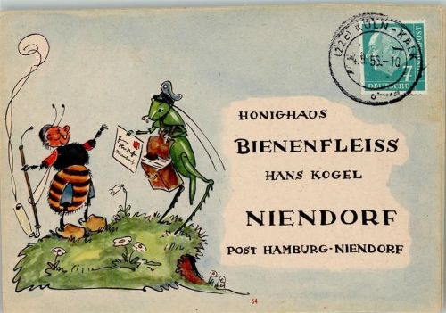 1956 Werbung: Honighaus Bienenfleiss , Bestellkarte - vermesnchlichte Tiere, Biene und Grille
