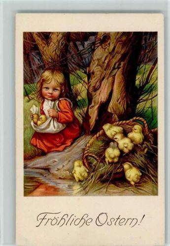 Verlag TSN Serie 1512 Ostern - Mädchen mit kl. Küken im Korb und Schürze , sehr gute Erhaltung AK