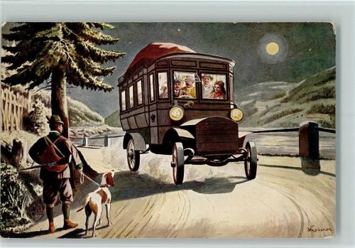 1908 K. K. Automobilpost Jäger mit Hund
