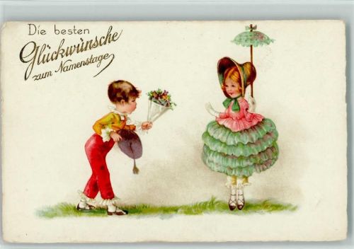 1929 Verlag Begro 8276 Mädchen mit Sonnenschirm, Gratulant mit Blumen AK