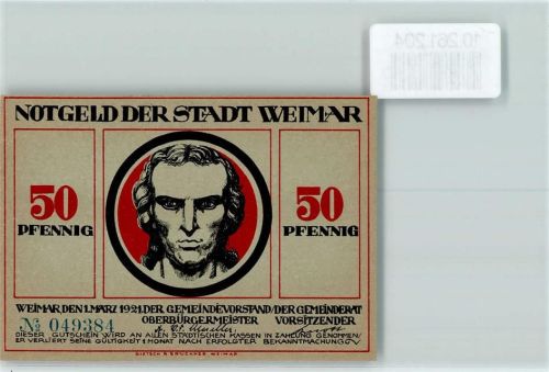 Weimar Notgeld der Stadt Weimar 50 Pfennig 1921 Portrait Schiller