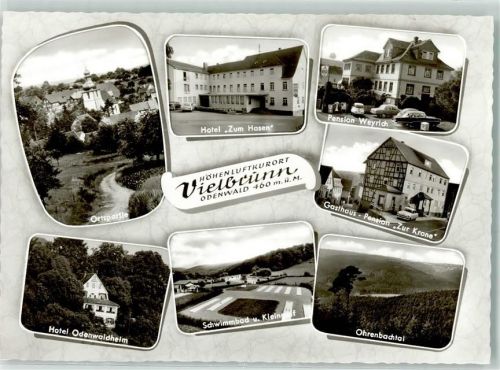 Vielbrunn Rückseite mit Abschürfungen und Kleberesten Hotel Zum Hasen Pension Weyrich Gasthaus Pension Zur Krone Ohrenbachtal Schwimmbad Kleingolf Hotel Odenwaldheim