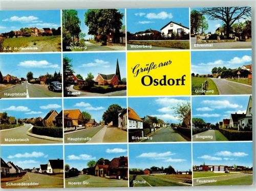 Osdorf Rückseite mit Abschürfungen und Kleberesten A. d. Hirtenwiese Weberberg Ehrenmal Hauptstraße Kirche Gildeweg Mühlenteich Birkenweg Ringweg Schmiederedder Noerer Straße Schule Feuerwehr