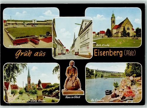 Eisenberg Marktplatz Kath. Kirche Freiheitsplatz mit Evangel. Kirche Hans im Glück Am Eiswoog Rückseite mit Abschürfungen bzw Kleberesten