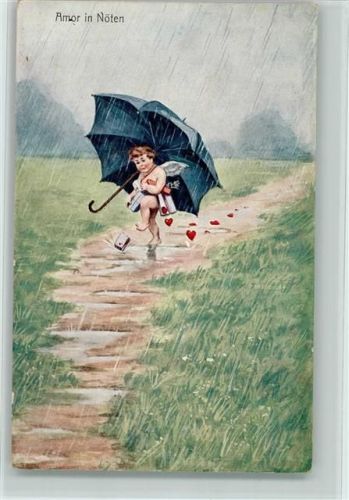 1916 in Nöten, Amor mit Regenschirm verliert Herzen AK