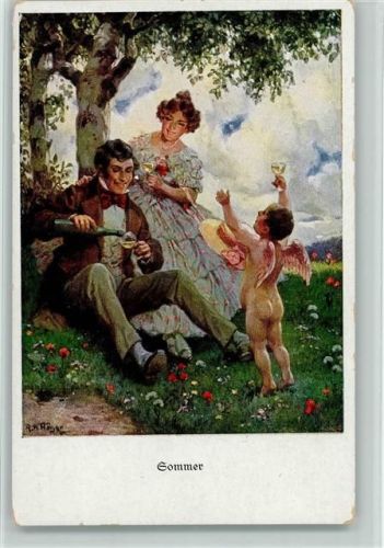 1917 Biedermeier Liebespaar trinkt mit Amor Wein AK