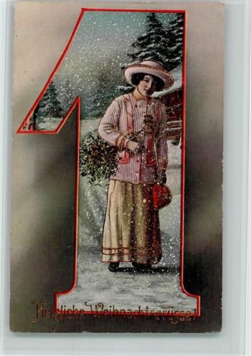 1922 Es schneit - Frau mit einem Weihnachtsbaum u. Hufeisen in einer Zahl AK