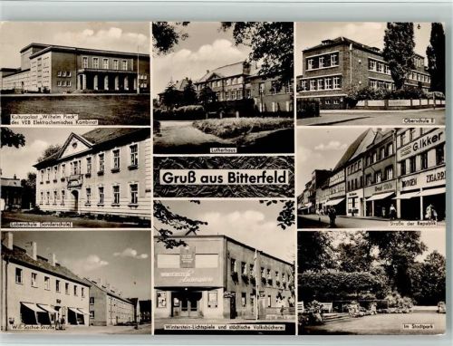 Bitterfeld Kulturpalast Wilhelm Pieck des VEB Elektrochemisches Kombinat Laborschule Sonderschule Willi-Sachs-Straße Lutherhaus Winterstein-Lichtspiele und städt. Volksbücherei Oberschule II Straße der Republik Im Stadtpark